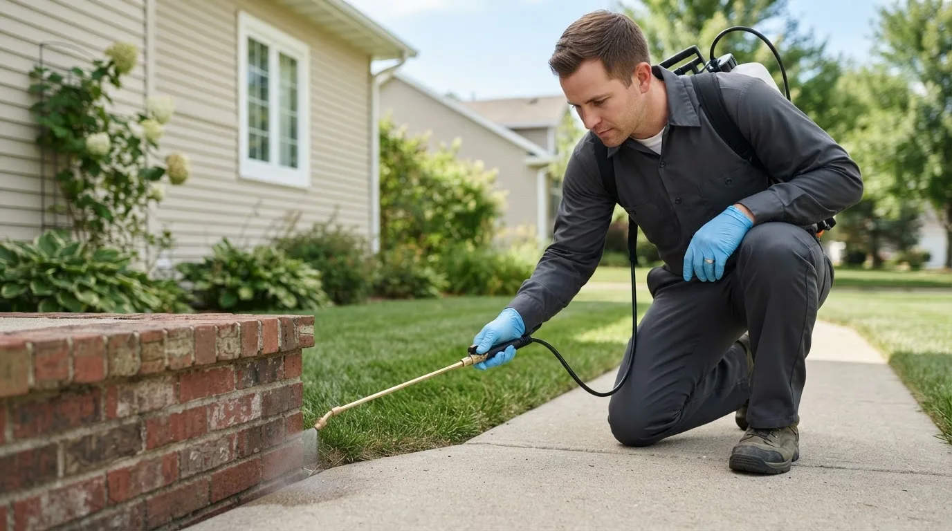Pest control technician treating a home near Camden, TX